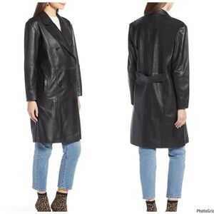SOMETHING NAVY 100% LEATHER COAT DOUBLE BREASTED BLACK